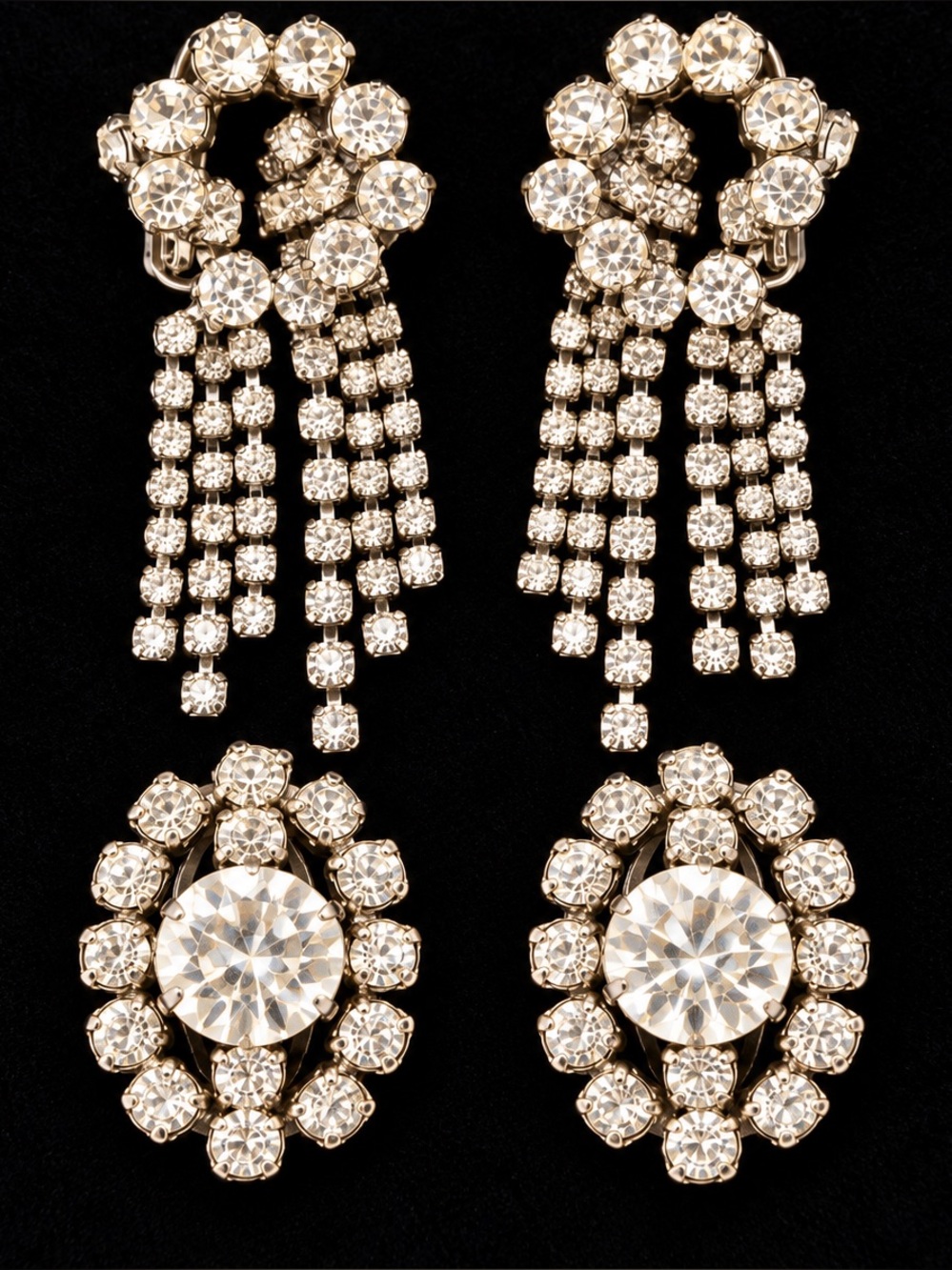Vintage Rhinestone Clip On Earrings 2 Pair